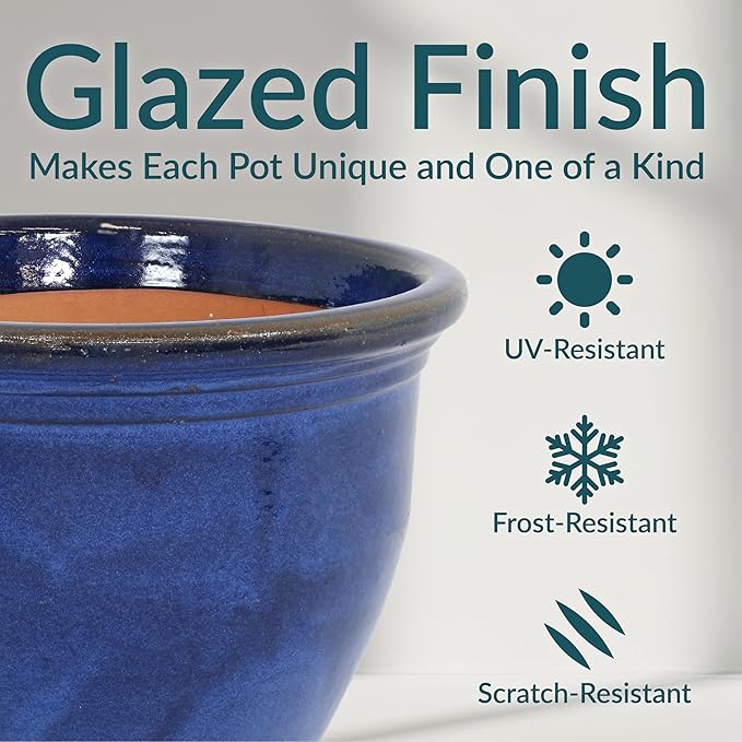 Sunnydaze 18.5" Large Ceramic Plant Pot - Round Outdoor Glazed Ceramic Planter Pot with Drainage - Imperial Blue - Studio