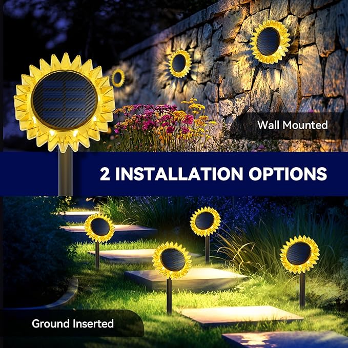 Outdoor Solar Lights, 2 Pack Led Solar Sunflower Lights, Stake/Wall 2-in-1 Waterproof Solar Garden Lights for Yard, Landscape, Fence, Patio, Driveway, Pathway, Backyard Decoration (Warm White)