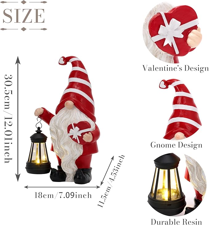 TERESA'S COLLECTIONS Garden Gnome Decorations for Outside, Resin Gnomes Holding Heart-Shaped Gift Box and Solar Lantern, Outdoor Decor for Mom, Wife and Women, 12"