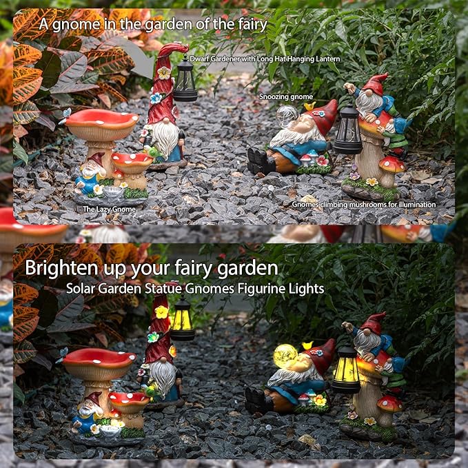 Solar Garden Statue Gnomes Figurine Lights,Funny Gnomes Standing on Mushrooms with Lanterns, with Lanterns Outdoor Yard Decorations for Patio Porch Home, Garden Gifts for Women Mom