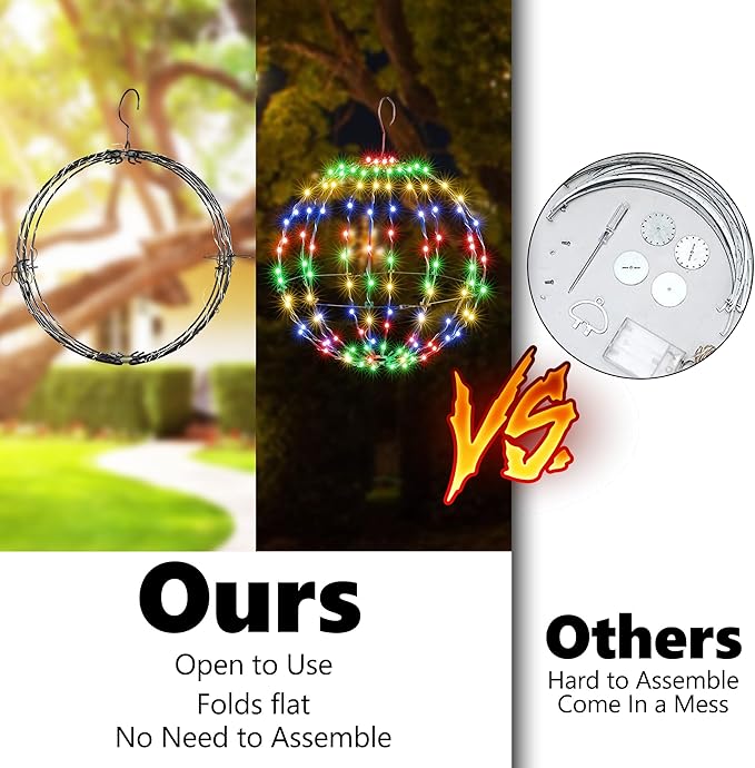 Joomer 2 Pack Christmas Ball Lights, 12IN 120 LED Foldable Metal Sphere, Connectable Waterproof 8 Modes With Timer, Hanging Tree Globe for Holiday Christmas Decorations (Multicolor)
