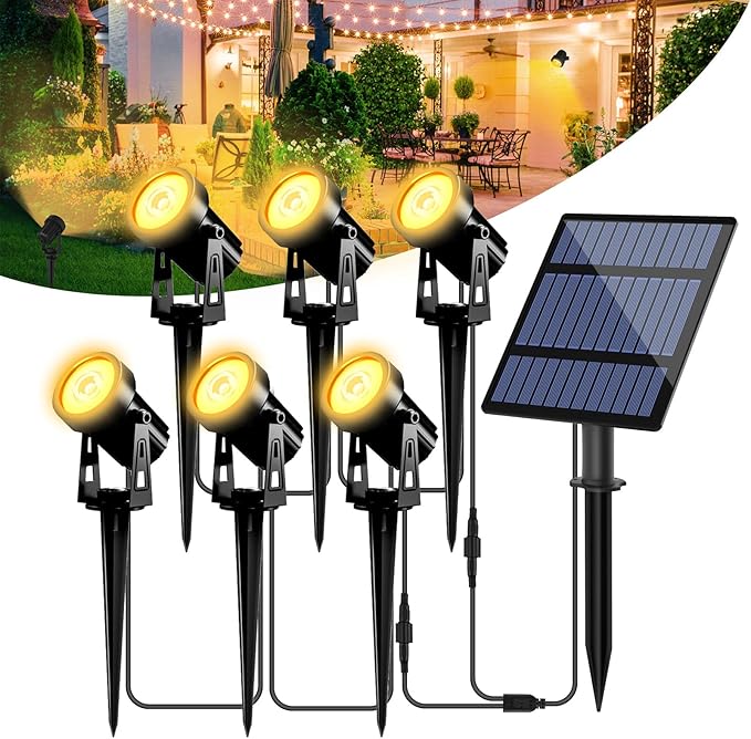 T-SUNUS 6-in-1 Solar Spot Lights for Outdoor Warm White 3000K Landscape Spotlight IP65 Waterproof Separated Panel Uplights with 9.8ft Cable Auto On/Off for Tree Yard Lawn House Driveway Pathway Pool