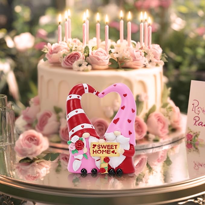 TERESA'S COLLECTIONS Garden Gnomes Outdoor Decor, Resin Heart-Shaped Pink Cute Gnome Couple Decorations for Home, Garden Decor Love Gifts for Women, 4.3"