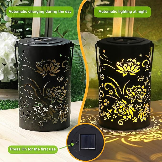 Solar Lanterns Outdoor Hanging Waterproof Metal Lotus Pattern Lanterns for Garden Patio Yard Lawn Front Porch Decor as Birthday Gifts for Mom Grandma Women