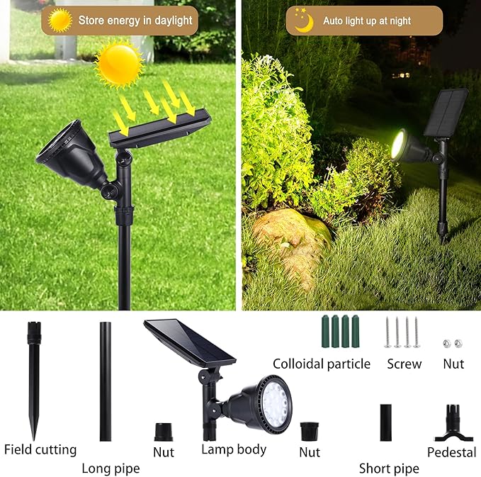 Solar Outdoor Spotlights - 18 LED, 600 Lumens, Waterproof, 7 Colors Adjustable for Year Round Patio, Garden, and Landscape Festive Lighting (2 Pack)
