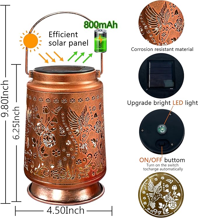 KY&BOSAM Solar Hummingbird Lanterns Outdoor Waterproof,LED 300 Lumens Metal Hanging Outside Lantern Lights Decorative for Yard Backyard Porch Garden Decorations Birthday Gifts for Women Mom Grandma