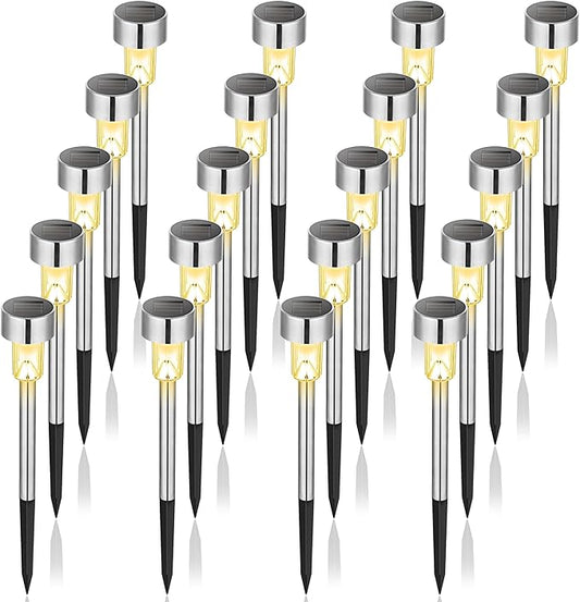GIGALUMI Solar Lights Outdoor Waterproof, 20 Pack, Stainless Steel LED Solar Garden Lights for Patio, Lawn, Yard and Landscape, Garden Decor Patio Decor,Warm White