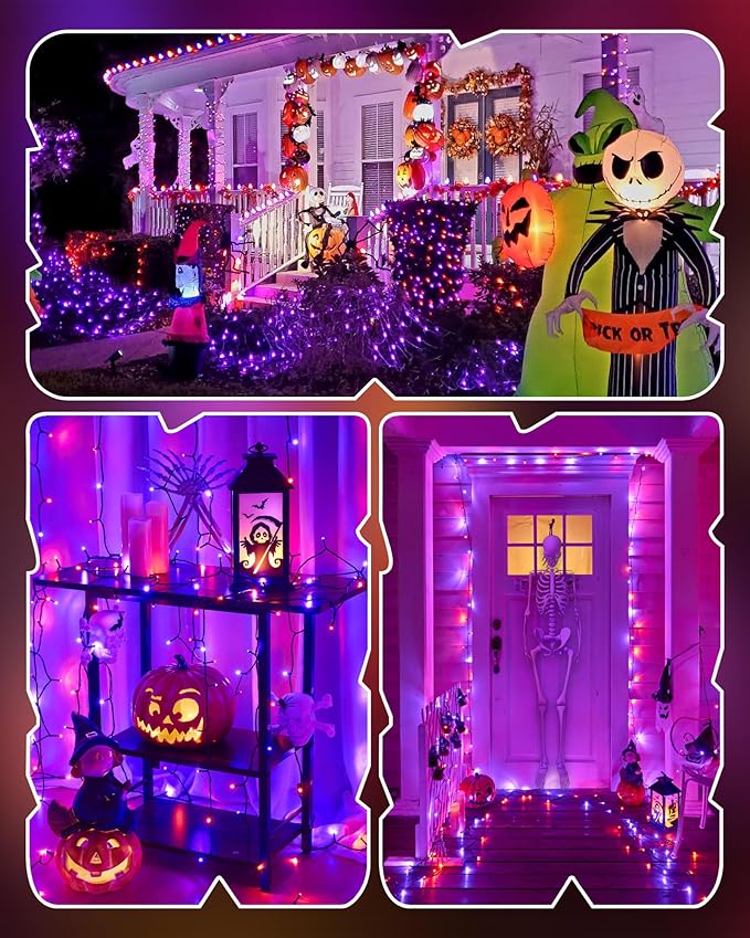 66FT Purple & Orange Hanging Twinkle Lights - 200 LED Fairy String Lights with 8 Modes for Halloween Party, Garden, Bedroom Decorations