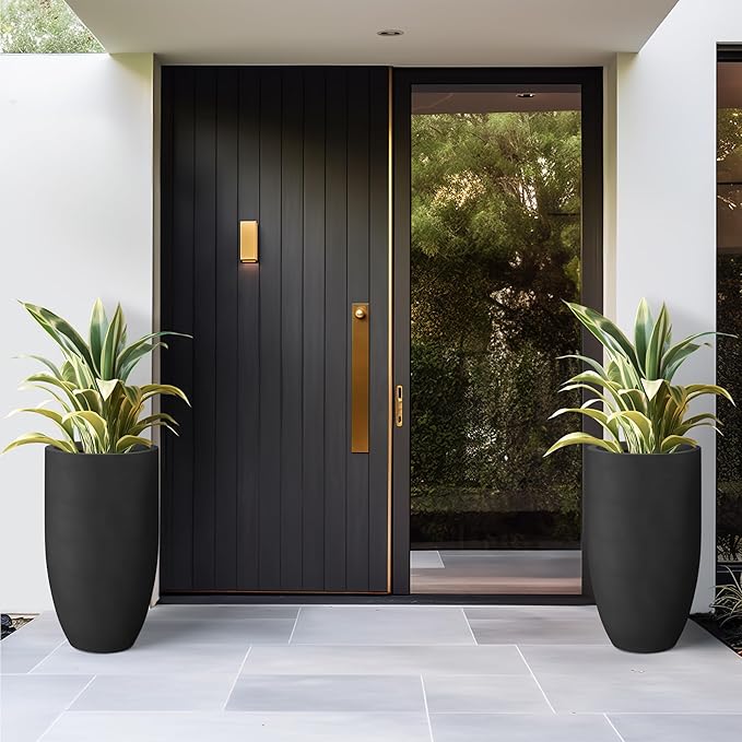 Kante 24 Inch Tall Round Concrete Planter, Large Indoor Outdoor Plant Pots with Drainage Hole and Rubber Plug, Modern Decorative Garden Pots for Home Patio Porch, Black