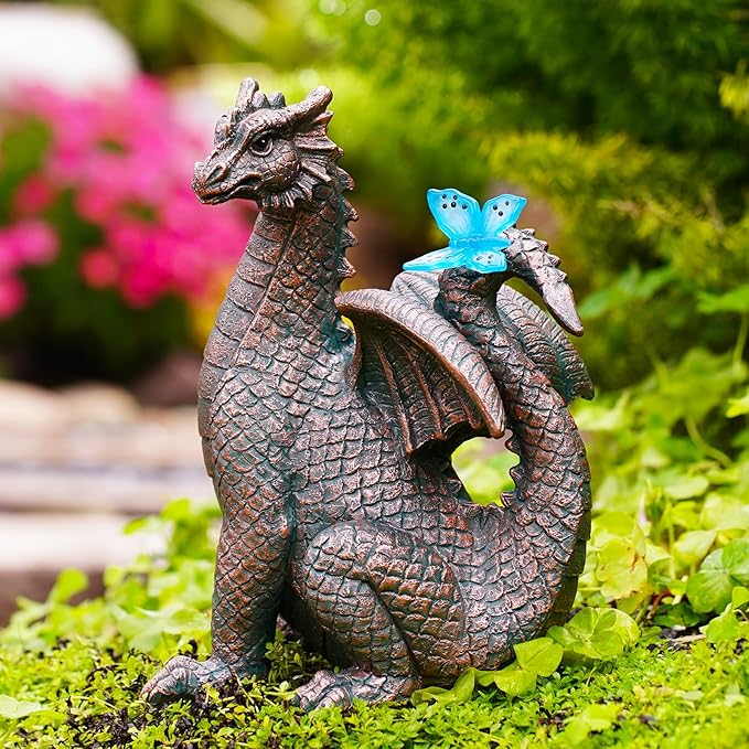 Garden Decor Solar Dragon Statues: Outdoor Sculptures with Glowing Butterfly for Lawn Ornaments Yard Art Porch Patio Balcony - Gifts for Mom Grandma Women