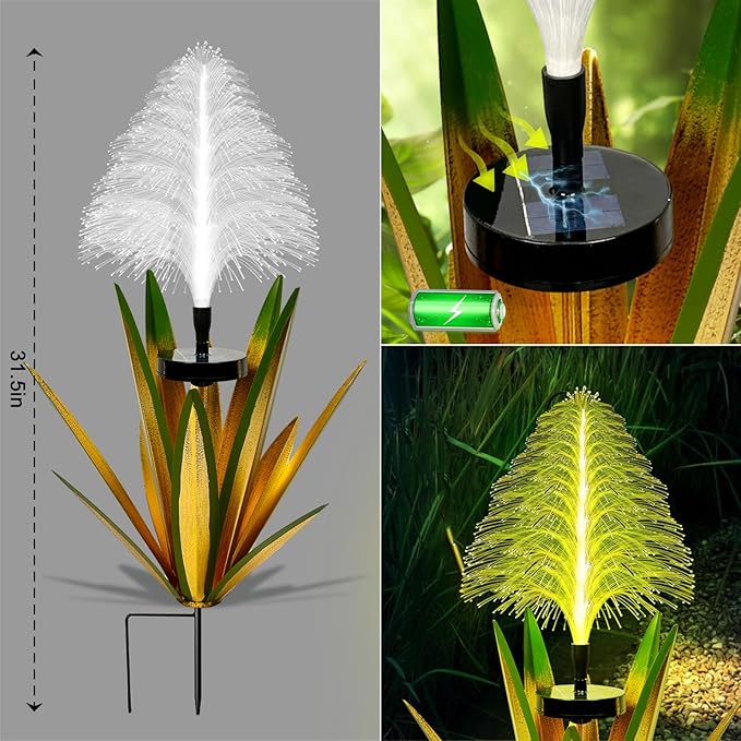 Metal Outdoor Decoration Gift Metal Agave Plants Outdoor Decor, Agave Yard Art Garden Lights Solar Outdoor, 7 Color Changing Garden Yard Pathway Xmas Decor Waterproof (1 pcs Light Green)