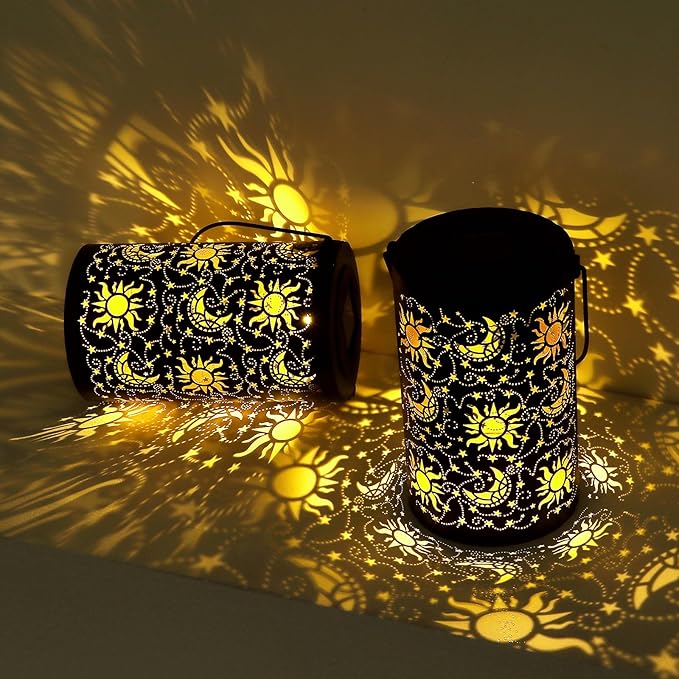Solar Lanterns Outdoor Hanging Waterproof Metal Sun Moon Star Pattern Lanterns for Garden Patio Yard Lawn Front Porch Decor as Birthday Gifts for Mom Grandma Women