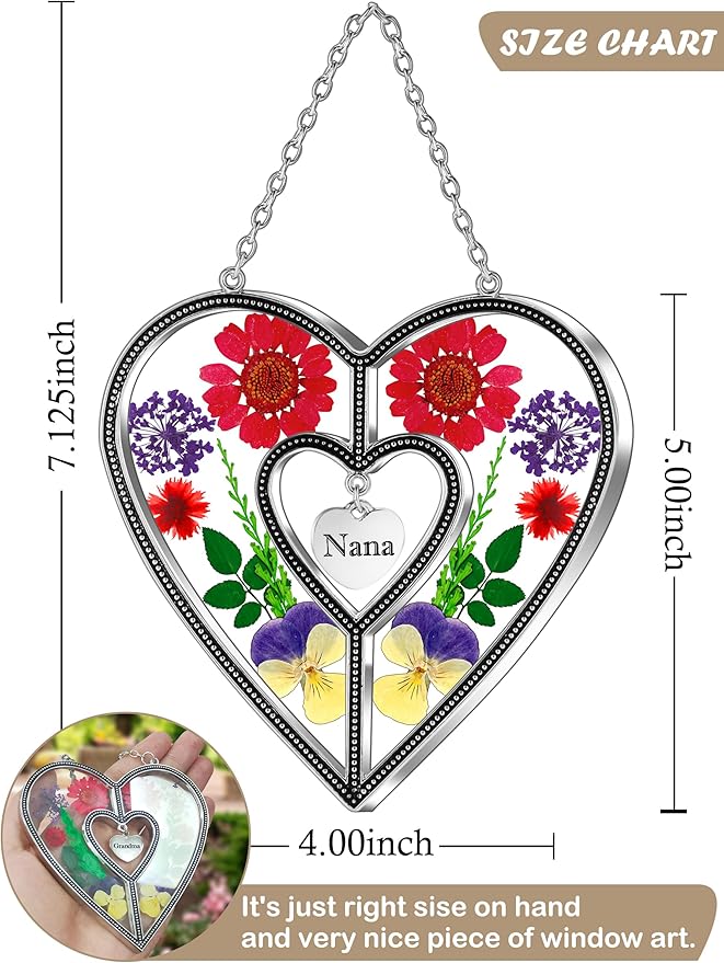 KY&BOSAM Heart Suncatcher Nana Stained Glass Panles Hangings for Windows Ornament Sun Catchers with Pressed Real Flower Heart Embedded in Glass Birthday Gifts for Nana Mother`s Day Home Garden Decor