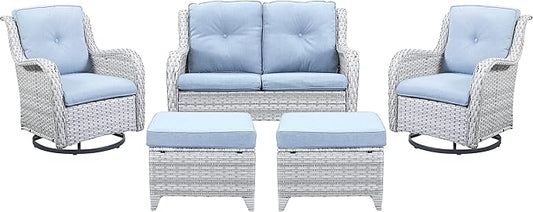 5 Piece Outdoor Patio Furniture Set - Patio Wicker Furniture Conversation Set, Outdoor Swivel Rocker Chairs with Loveseat Sofa and 2 Ottomans for Small Space, Light Gray - Baby Blue Cushion