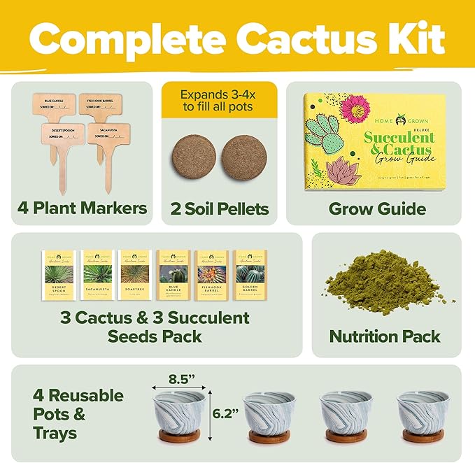 HOME GROWN Deluxe Succulent & Cactus Seed Grow Kit - Indoor Cactus & Succulent Kit w/Cactus Seeds, Potting Soil, Ceramic Succulent Pots, Water Drip Trays, Grow Guide for Plant Lovers