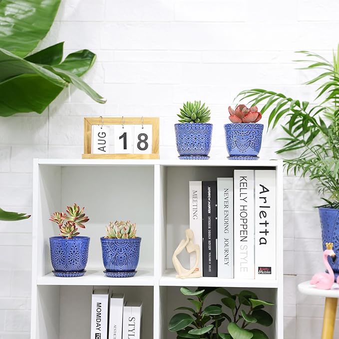 Gepege Succulent Pots, 4 Inch Small Indoor Ceramic Planter Pot with Drainage Holes and Saucers for Plants- Creamy White - Set of 4