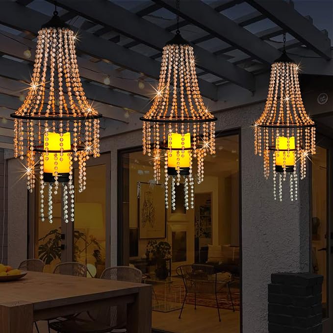 Hanging Candle Chandelier Outdoor, Battery Operated Clear Acrylic Beaded Chandelier with Flickering Led Candle Light S Hooks Modern Lantern for Garden Yard Patio Gazebo Room Indoor Decorations, 28”H