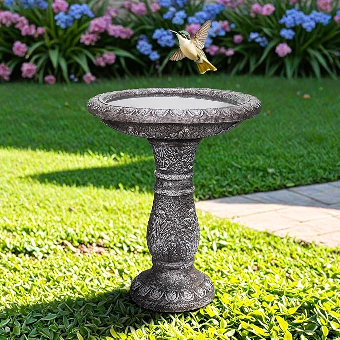 SunJet 24.4” H x 20” Dia Outdoor Birdbath with Intricate Floral Carvings Pedestal - Fibre Reinforced Concrete Birdbaths, Vintage Design for Garden Decor & Bird Attraction