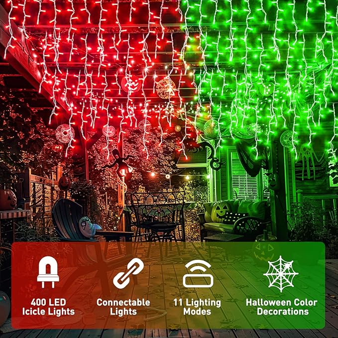 JMEXSUSS 400 LED Christmas Icicle Lights Outdoor, Red & Green Halloween Icicle Lights Clear Wire,Connectable String Lights Plug in for Christmas Party Outdoor Eaves Home Xmas Decorations