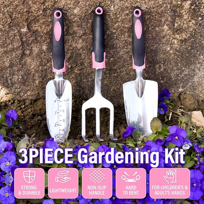 Garden Tool Set SOYUS Heavy Duty 3 Piece Gardening Hand Tools Aluminum Garden Shovel for Planting Hand Trowel Cultivator Rake with Ergonomic Non-Slip Rubber Grip Pink Gardening Gifts for Women