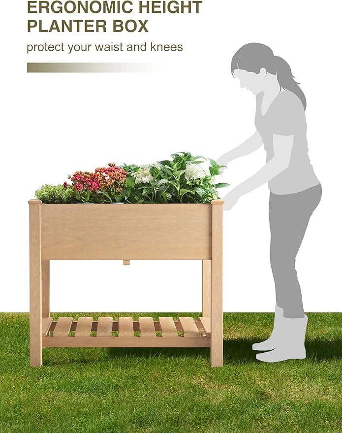 Psilvam Planter Box Raised Garden Bed, Poly Lumber Raised Garden Beds Outdoor with Storage Racks and Tarps, Superior to Cedar Elevated Garden Bed, for Balcony and Porch, 350 lbs Load (Teak Color)