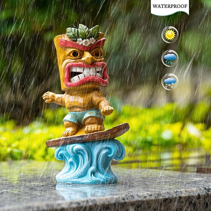 Solar Tiki Statue Outdoor Decor-Tiki Bar Decor-Garden Tiki Surfing Statues Waterproof Decoration Figurine for Tiki Bar,Patio,Balcony,Yard,Lawn,Table,Desk 9.92 Inches Tall