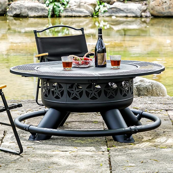 47 Inch Outdoor Fire Pit with 2 Grills, Extra Large BBQ Firepits for Outside, Metal Round Fire pits with Lid&Fire Poker,3 in 1 Wood Burning Outdoor Fireplaces for Backyard,Patio,Bonfire