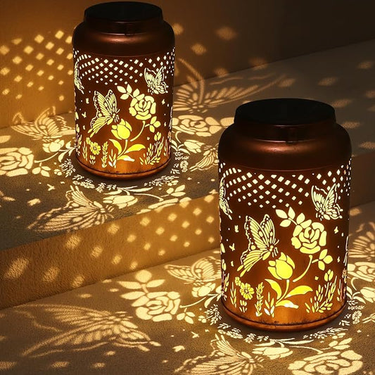 2 Pack Solar Lanterns Outdoor Waterproof, Butterfly Rose Garden Decor Birthday Gifts for Women Mom Grandma Hanging Solar Lights Metal Solar Decoration Outside for Yard, Patio, Lawn, Pathway