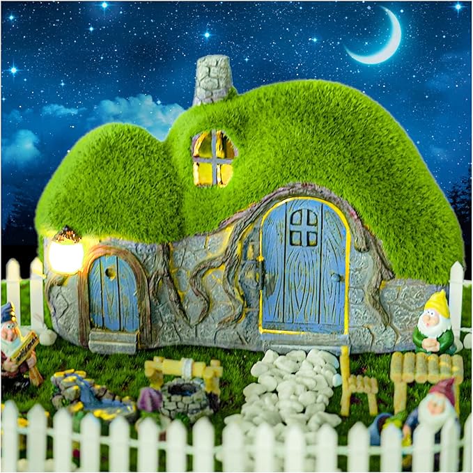 Garden Statues Outdoor Decor - Fairy House with Waterproof Solar Lights Resin Figurines for Yard Lawn Porch Outside Ornament or Garden Gift