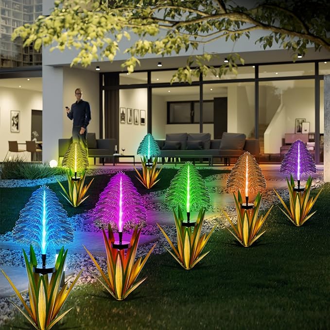 Metal Outdoor Decoration Gift Christmas Decorations Outdoor Metal Agave Yard Art Garden Lights Solar Outdoor, 7 Color Changing Garden Yard Pathway Xmas Decor Waterproof(2 pcs Light Green)