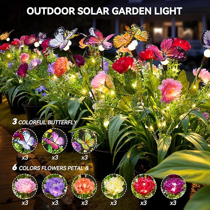 Solar Flowers Lights Outdoor Waterproof, 6 Pack 2 in 1 Solar Butterfly Bouquet for Garden Decor, LED Warm Lighting Garden Lights Outdoor for Pathway Yard Patio Decoration