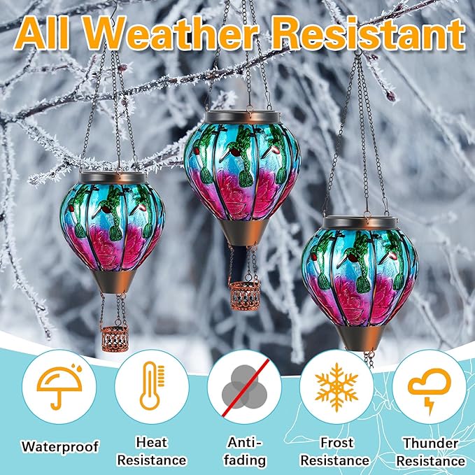 2 Pcs 20Inch Hummingbird Hot Air Balloon Hanging Solar Lantern Outdoor Garden Decor Waterproof Hot Air Balloon Flame Lantern for Lawn Porch Yard