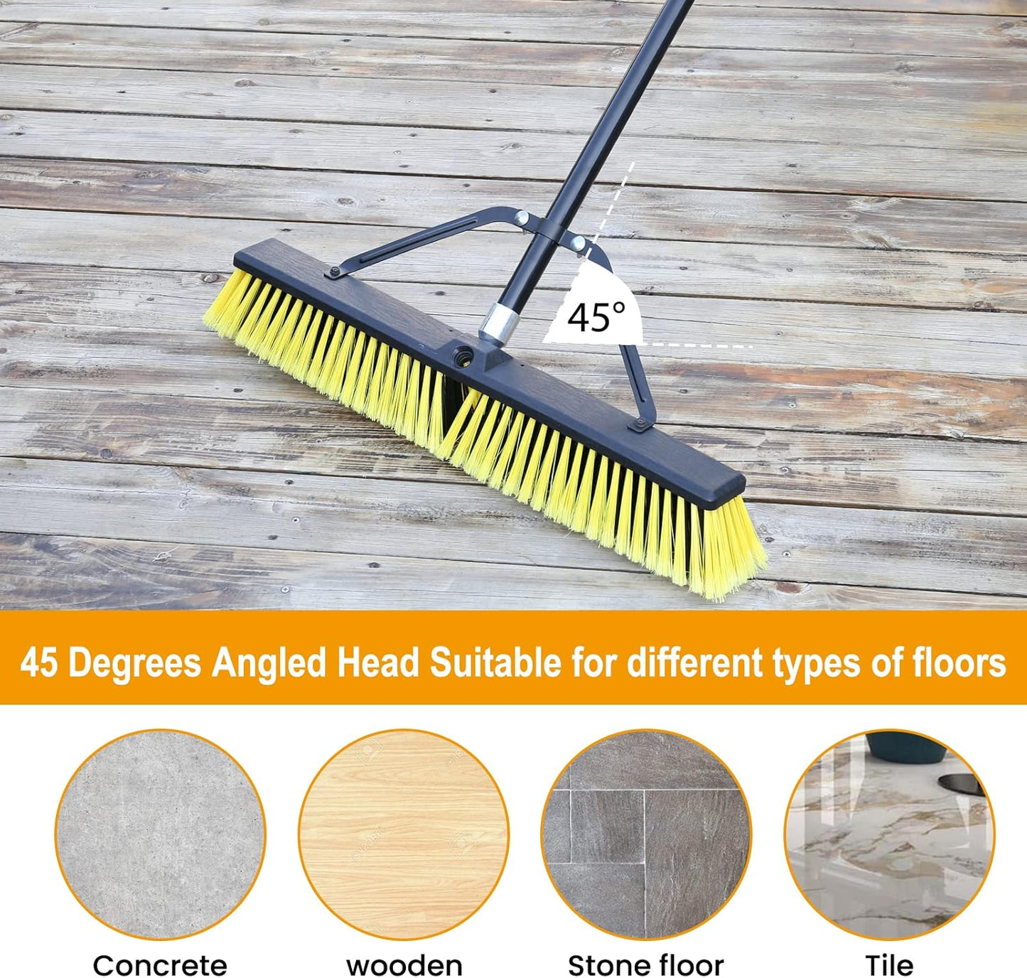 24 Inches Push Broom Outdoor Heavy Duty Broom with 63" Long Handle for Deck Driveway Garage Yard Patio Concrete Floor Cleaning Yellow
