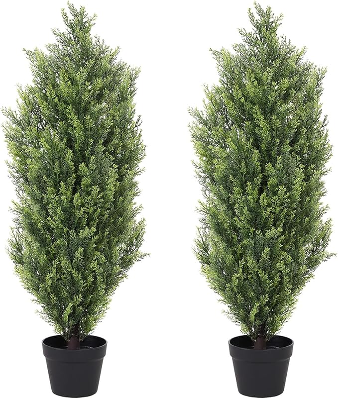 THE BLOOM TIMES 3ft Topiary Trees Artificial Outdoor 2 Pack – UV Resistant Faux Cedar Pine Cypress Bushes and Shrubs, Fake Potted Plants for Front Porch Outside Planter Patio Decor, Set of 2 (3 Foot)