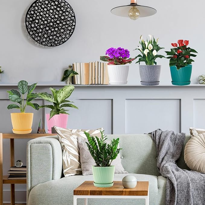 7 Inch Plant Pots Bulk, 6 Pack Plastic Planters with Drainage Holes and Saucers for Indoor Outdoor House Plants and Flowers, Colorful