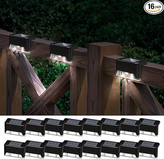 Pearlstar Solar Deck Lights - 16 Waterproof LED Solar Step Lights for Deck, Stairs, Yard, Patio, and Pathway (White, Black)