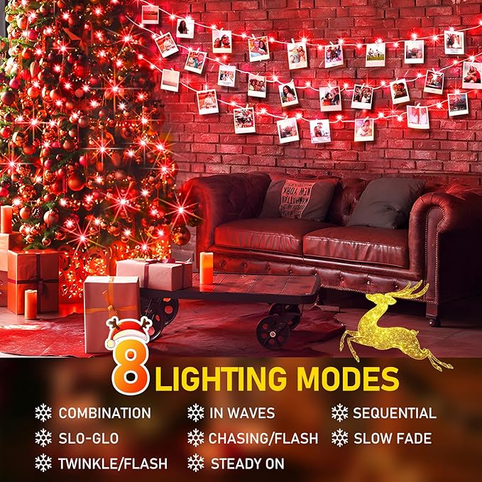 KNONEW 197FT 500 LED Christmas Lights Outdoor String Lights 8 Modes & Time Memory Fairy Light Plug in Waterproof LED String Lights for Xmas Yard Tree Wedding Party Holiday Decorations (Red)