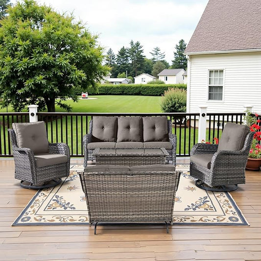 5 Piece Outdoor Patio Furniture Set - Outdoor Conversation Couch and Loveseat Glider Chair Furniture Set with Rattan Coffee Table for Deck Balcony Poolside Gray Wicker/Grey Cushions