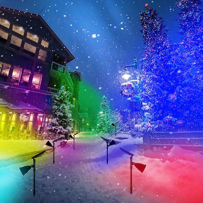 Solar Outdoor Spotlights - 18 LED, 600 Lumens, Waterproof, 7 Colors Adjustable for Year Round Patio, Garden, and Landscape Festive Lighting (2 Pack)