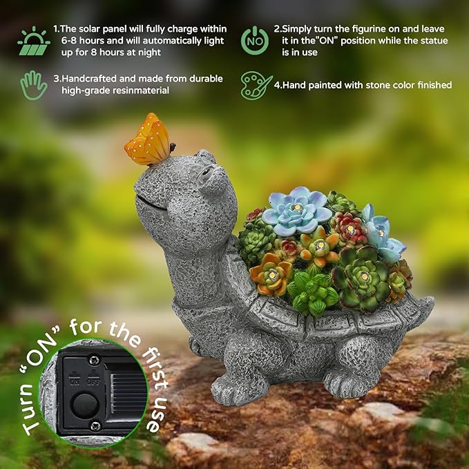 Solar Garden Outdoor Statues Turtle with Succulent Butterfly 8 LED Lights, Lawn Decor Tortoise Figurine for Patio Balcony Yard, Yard Unique Christmas Birthdays Gift for Mom Grandma