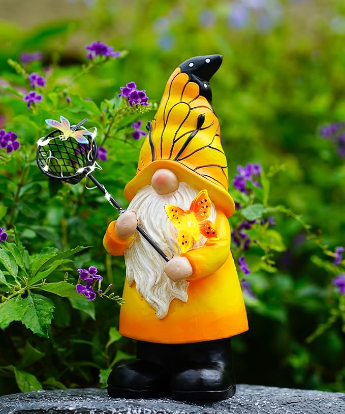 Solar Gnome Statues Outdoor Decor: Garden Figurines Sculpture with Glowing Butterfly and Catching Dragonfly for Yard Porch Patio Balcony - Gifts for Mother Grandma