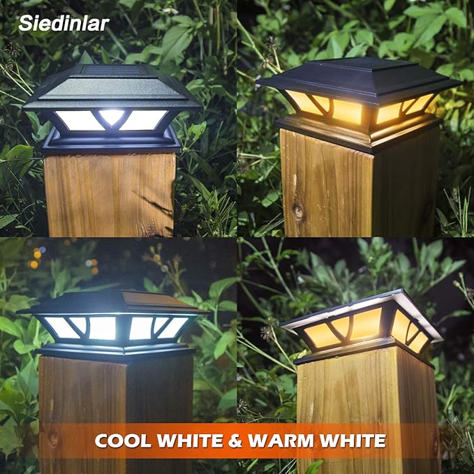SIEDiNLAR Solar Post Lights Outdoor 2 Modes LED Deck Fence Cap Light for 4x4 5x5 6x6 Posts Patio Garden Decoration Warm White/Cool White Lighting Black (6 Pack)