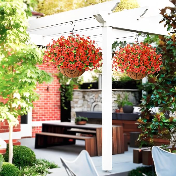 Artificial Faux Hanging Plants Flowers Basket Outdoor Porch Garden Spring Decoration, Fake Silk Daisy in Planter Realistic UV Resistant for Outside Home Patio Balcony Yard(Red)