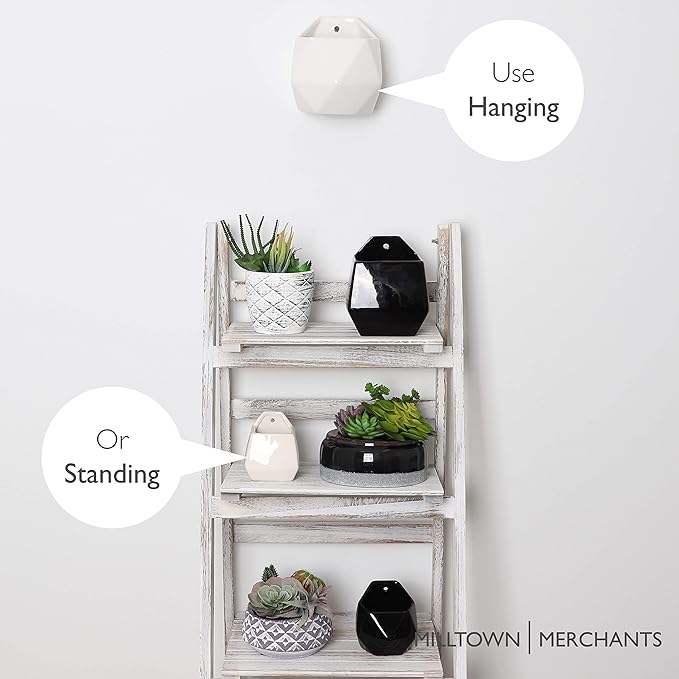 Milltown Merchants Succulent Wall Planters - White Ceramic Mounted Planters - Succulent Pots - Hanging Vases for Living Wall (1 Pack/Geometric/White)