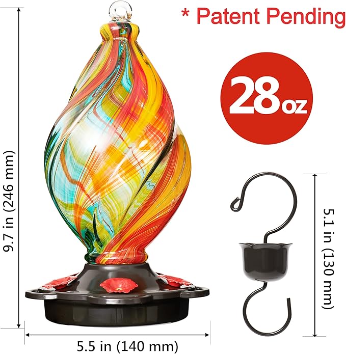 LUJII Ice Cream Shaped Spiral Hummingbird Feeder for Outdoors Hanging, Hand Blown Glass, 28 fl.oz, Leak Proof & Rustproof, Includes an Ant Moat, Unique Garden, Outside & Backyard Decor (Ribbon)