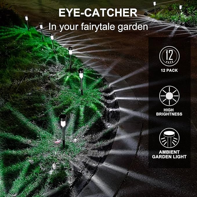 Solar Lights Outdoor Waterproof, Stainless Steel LED Landscape Lighting Outdoor Solar Lights for Outside Solar Garden Lights for Pathway, Walkway, Patio, Yard, Lawn - 12 Pack ( Cold White )