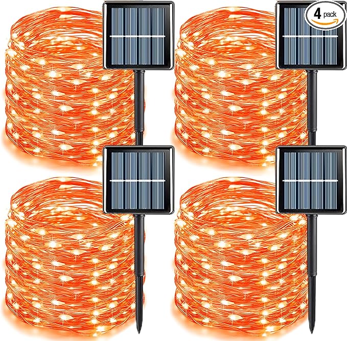 YEGUO 4 Pack Orange Solar Halloween Lights Outdoor Waterproof, Each 33ft 100 LED Solar Fairy Lights, 8 Modes Solar String Lights
