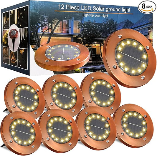 Solar Ground Lights Outdoor Waterproof Flat Garden Solar Disk Lights Floor 12 LED 8 Pack for Garden Patio Pathway Landscape Driveway Yard Path Decor