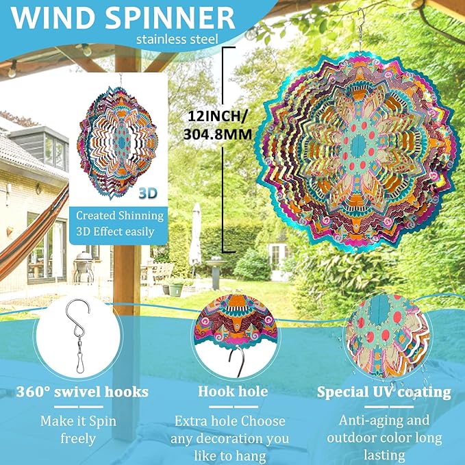 Wind Spinners Outdoor Mandala Lucky Eye,12In 3D Wind Spinner for Yard and Garden,Lucky Gifts for Women Mom Grandma Wife Father,Outdoor&Indoor Decorations Yard Art Christmas Ornament