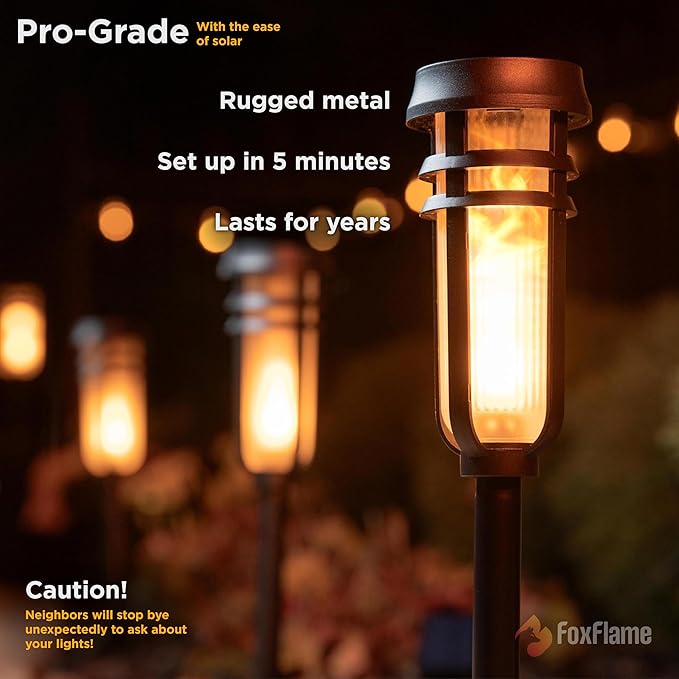 Metal Solar Torch - Adjustable Height (24" - 50"), Outdoor Lights with Flickering Flame, Waterproof Solar Powered Lights, Flame Torches for Patio, Pathway, Yard Decor, Matte Black (1-Pack)